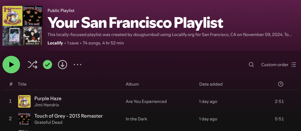 A personalized playlist for a given city. 
